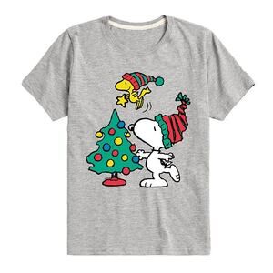 Peanuts & Woostock Christmas Tree Tee Kids Short Sleeve Snoopy T-Shirt Size XL